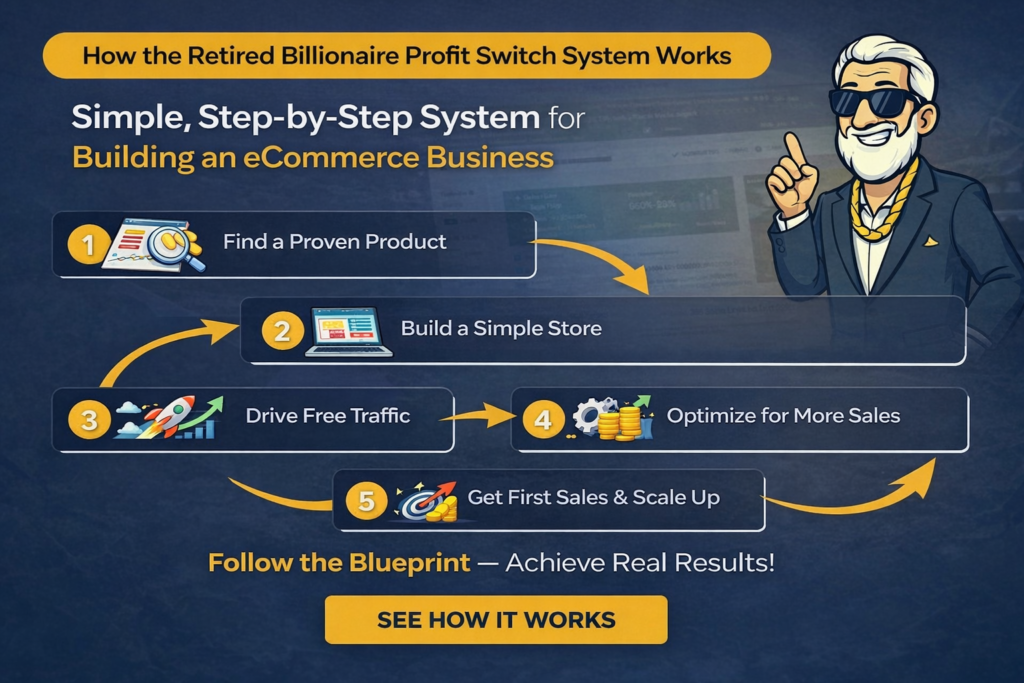 Retired Billionaire Profit Switch System how it works banner showing step-by-step process to build an eCommerce business without ads or inventory