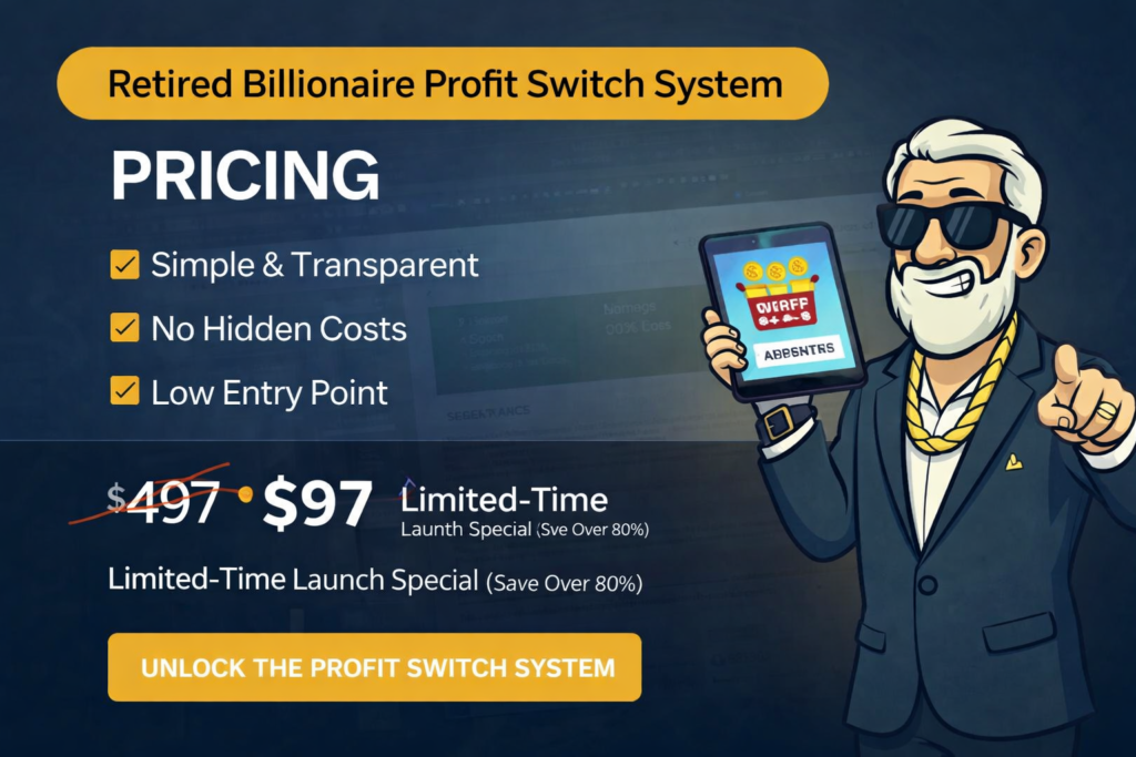 Retired Billionaire Profit Switch System pricing banner showing $97 limited-time offer with features and call-to-action button
