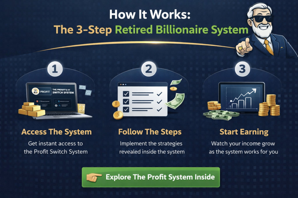 The Retired Billionaire System how it works showing 3 step process access system follow steps and start earning online
